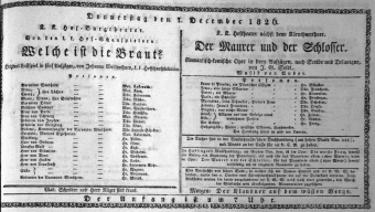 Theaterzettel (Oper und Burgtheater in Wien) 18261207 Seite: 1