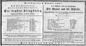 Theaterzettel (Oper und Burgtheater in Wien) 18270102 Seite: 1