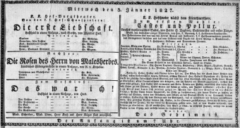 Theaterzettel (Oper und Burgtheater in Wien) 18270103 Seite: 1