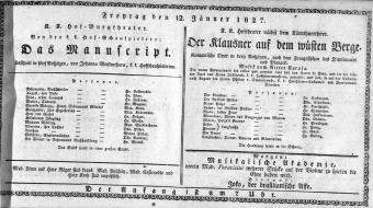 Theaterzettel (Oper und Burgtheater in Wien) 18270112 Seite: 1