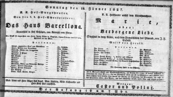 Theaterzettel (Oper und Burgtheater in Wien) 18270114 Seite: 1