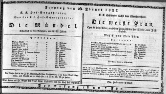 Theaterzettel (Oper und Burgtheater in Wien) 18270126 Seite: 1