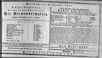 Theaterzettel (Oper und Burgtheater in Wien) 18270131 Seite: 1