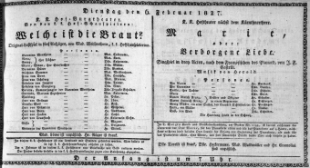 Theaterzettel (Oper und Burgtheater in Wien) 18270206 Seite: 1