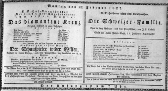 Theaterzettel (Oper und Burgtheater in Wien) 18270212 Seite: 1