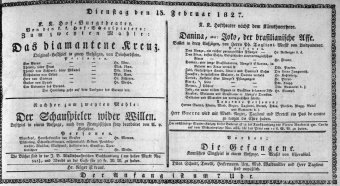 Theaterzettel (Oper und Burgtheater in Wien) 18270213 Seite: 1