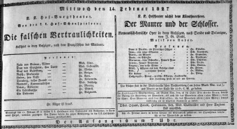 Theaterzettel (Oper und Burgtheater in Wien) 18270214 Seite: 1