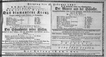 Theaterzettel (Oper und Burgtheater in Wien) 18270216 Seite: 1