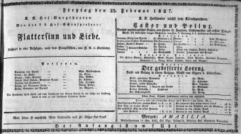 Theaterzettel (Oper und Burgtheater in Wien) 18270223 Seite: 1