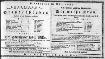 Theaterzettel (Oper und Burgtheater in Wien) 18270320 Seite: 1
