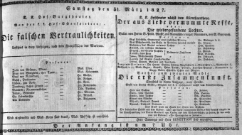 Theaterzettel (Oper und Burgtheater in Wien) 18270331 Seite: 1