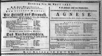 Theaterzettel (Oper und Burgtheater in Wien) 18270420 Seite: 1