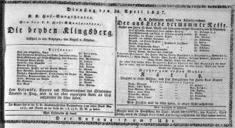 Theaterzettel (Oper und Burgtheater in Wien) 18270424 Seite: 1