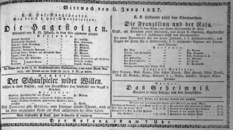 Theaterzettel (Oper und Burgtheater in Wien) 18270606 Seite: 1