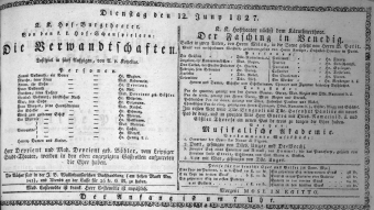 Theaterzettel (Oper und Burgtheater in Wien) 18270612 Seite: 1