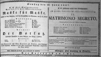 Theaterzettel (Oper und Burgtheater in Wien) 18270616 Seite: 1