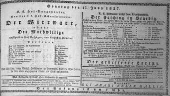 Theaterzettel (Oper und Burgtheater in Wien) 18270617 Seite: 1