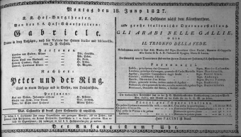 Theaterzettel (Oper und Burgtheater in Wien) 18270618 Seite: 1