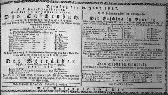 Theaterzettel (Oper und Burgtheater in Wien) 18270619 Seite: 1