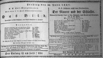 Theaterzettel (Oper und Burgtheater in Wien) 18270622 Seite: 1
