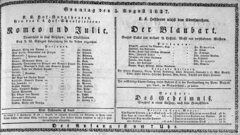Theaterzettel (Oper und Burgtheater in Wien) 18270805 Seite: 1