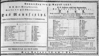 Theaterzettel (Oper und Burgtheater in Wien) 18270809 Seite: 1