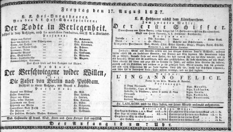 Theaterzettel (Oper und Burgtheater in Wien) 18270817 Seite: 1