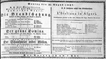 Theaterzettel (Oper und Burgtheater in Wien) 18270820 Seite: 1