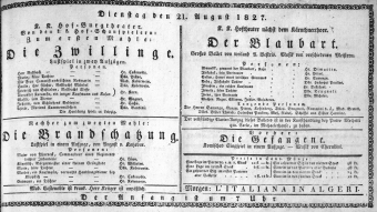 Theaterzettel (Oper und Burgtheater in Wien) 18270821 Seite: 1