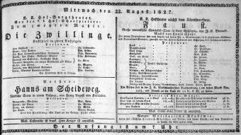 Theaterzettel (Oper und Burgtheater in Wien) 18270822 Seite: 1