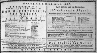 Theaterzettel (Oper und Burgtheater in Wien) 18270903 Seite: 1