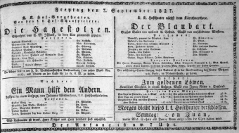 Theaterzettel (Oper und Burgtheater in Wien) 18270907 Seite: 1