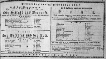 Theaterzettel (Oper und Burgtheater in Wien) 18270913 Seite: 1