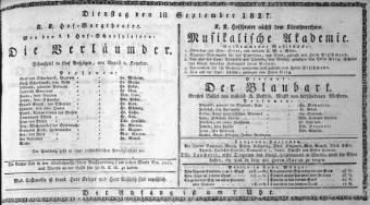 Theaterzettel (Oper und Burgtheater in Wien) 18270918 Seite: 1