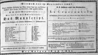 Theaterzettel (Oper und Burgtheater in Wien) 18270919 Seite: 1