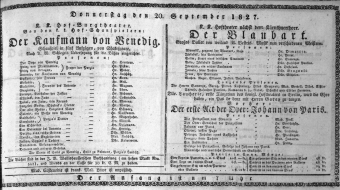 Theaterzettel (Oper und Burgtheater in Wien) 18270920 Seite: 1