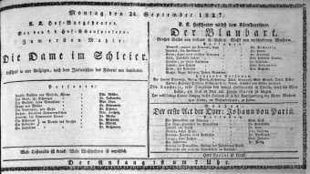 Theaterzettel (Oper und Burgtheater in Wien) 18270924 Seite: 1