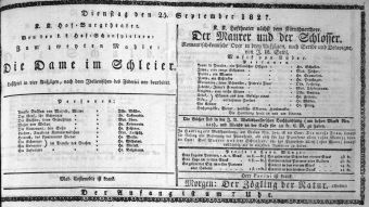 Theaterzettel (Oper und Burgtheater in Wien) 18270925 Seite: 1
