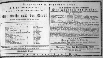 Theaterzettel (Oper und Burgtheater in Wien) 18270928 Seite: 1