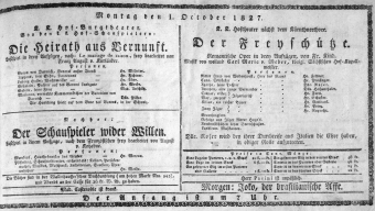 Theaterzettel (Oper und Burgtheater in Wien) 18271001 Seite: 1