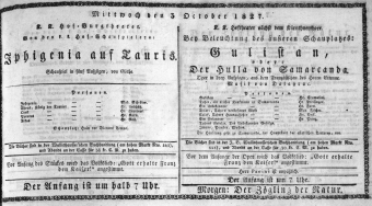 Theaterzettel (Oper und Burgtheater in Wien) 18271003 Seite: 1
