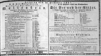 Theaterzettel (Oper und Burgtheater in Wien) 18271012 Seite: 1