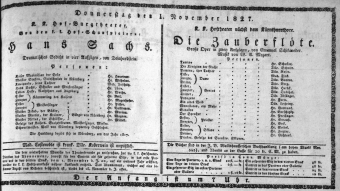 Theaterzettel (Oper und Burgtheater in Wien) 18271101 Seite: 1