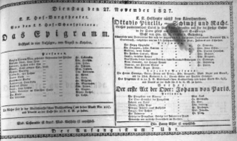 Theaterzettel (Oper und Burgtheater in Wien) 18271127 Seite: 1