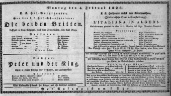 Theaterzettel (Oper und Burgtheater in Wien) 18280204 Seite: 1