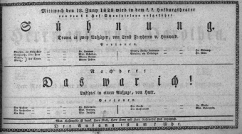 Theaterzettel (Oper und Burgtheater in Wien) 18280618 Seite: 1