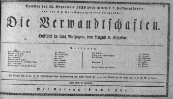 Theaterzettel (Oper und Burgtheater in Wien) 18280920 Seite: 1