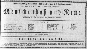 Theaterzettel (Oper und Burgtheater in Wien) 18281109 Seite: 1