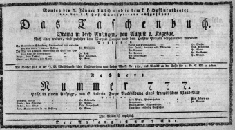Theaterzettel (Oper und Burgtheater in Wien) 18290105 Seite: 1