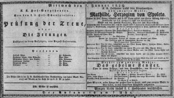 Theaterzettel (Oper und Burgtheater in Wien) 18290107 Seite: 1